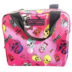 Betsey Johnson Lunch Cooler Bag Tote Skulls On Pink Love Hearts Bows